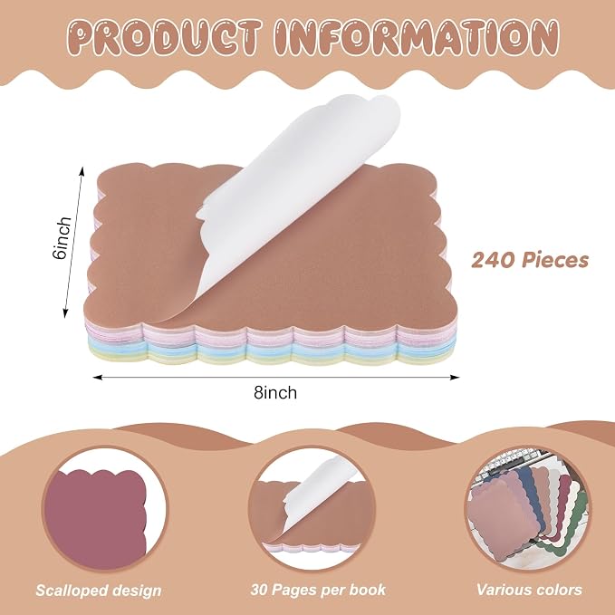 Eaasty 8 Pack 8 x 6 Inch Large Scalloped Sticky Notes Self Sticky Note Pads Cute Aesthetic Colorful Wavy for School Office Supplies, 30 Sheets/Pad, Total 240 Sheets (Morandi Colors)