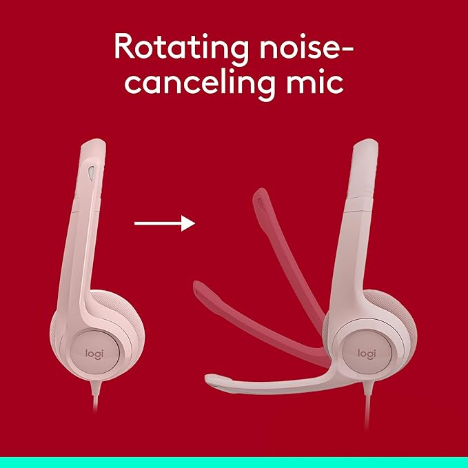Logitech H390 Wired Headset for PC/Laptop, Stereo Headphones with Noise Cancelling Microphone, USB-A, in-Line Controls, Works with Chromebook - Rose