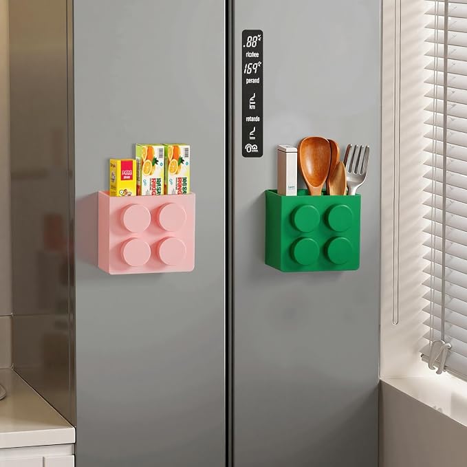 Magnetic Basket Organizer for Fridge - Lego-Style ABS Plastic Storage Box,No Drill Design for Kitchen Counter, Microwave & Whiteboard, Holds Up to 3.5 lbs(Pink)