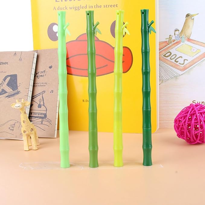 12 Pcs Novelty Green Plastic Bamboo Shape Gel Pens 0.5mm Black Ink Funny Kawaii Plant Writing Pen for Party Favors Ctue Adults School Office Gifts Stationery Supplies