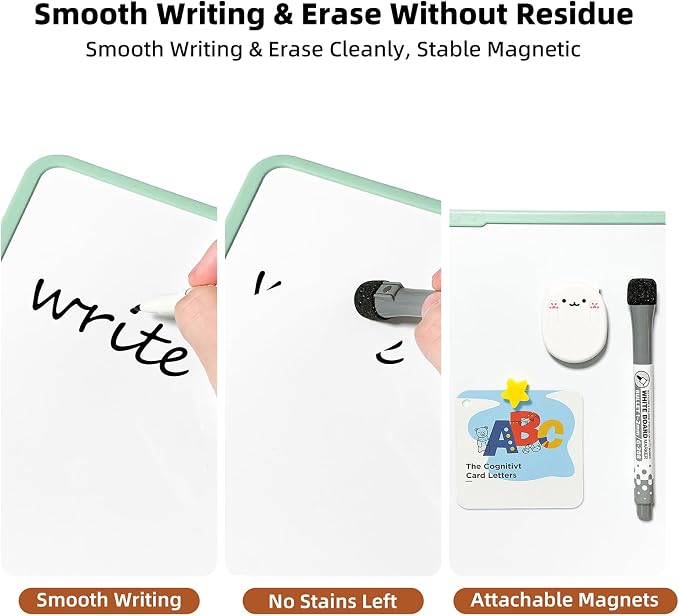 Colorful Dry Erase White Board 11x11in, Magnetic Desktop Board with Stand, 2 Markers (Eraser Head), 4 Magnets - Double-Sided Easel for Daily Planning, Office/Home/School (Green)