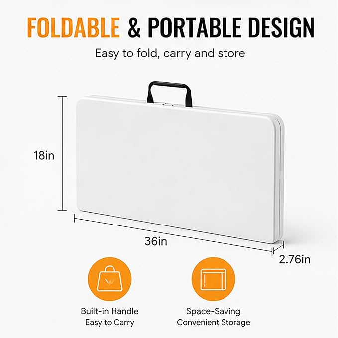 36" Square Folding Table, Portable Card Table with Built-in Handle, Heavy Duty Foldable Table No Assembly, for Camping, Picnic, BBQ, Party, Indoor Outdoor Use, White
