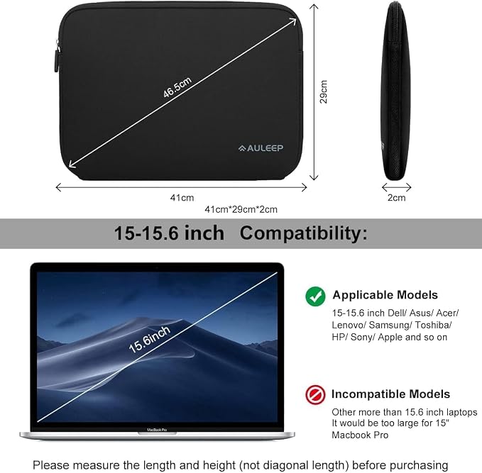 AULEEP 15-15.6 inch Laptop Sleeves, Neoprene Water-Resistant Laptop Case Slim Cover, Durable Chromebook Computer Carrying Bag for MacBook Air/MacBook Pro for HP/Lenovo/Dell/Asus/Acer, Black