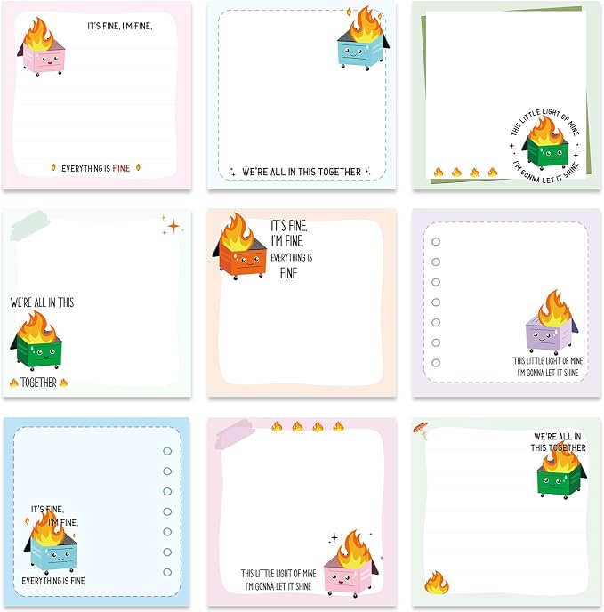 Funny Sticky Notes Gifts - 9 Pack Dumpster on Fire Notepads for Work 3x3 Inch, Everything is Fine Self-Adhesive Memo Pads, School Office Supplies Work Gag Gifts for Coworkers (450 Sheets)