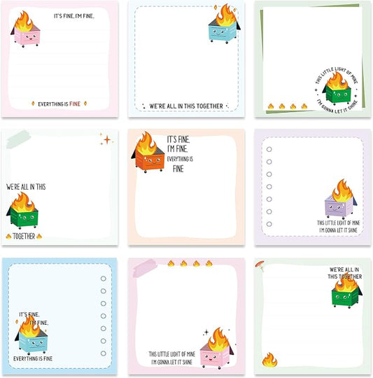 Funny Sticky Notes Gifts - 9 Pack Dumpster on Fire Notepads for Work 3x3 Inch, Everything is Fine Self-Adhesive Memo Pads, School Office Supplies Work Gag Gifts for Coworkers (450 Sheets)
