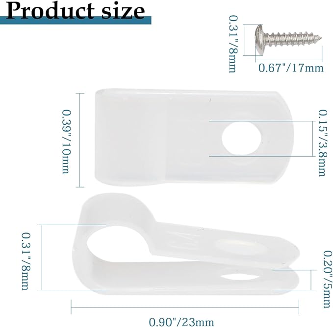 50 Pcs 1/4 Inch White Nylon Cable Clip Wire Clamp, R-type | 6.4mm, Screw Mounting, Wire Management, Stainless Steel Screws Included