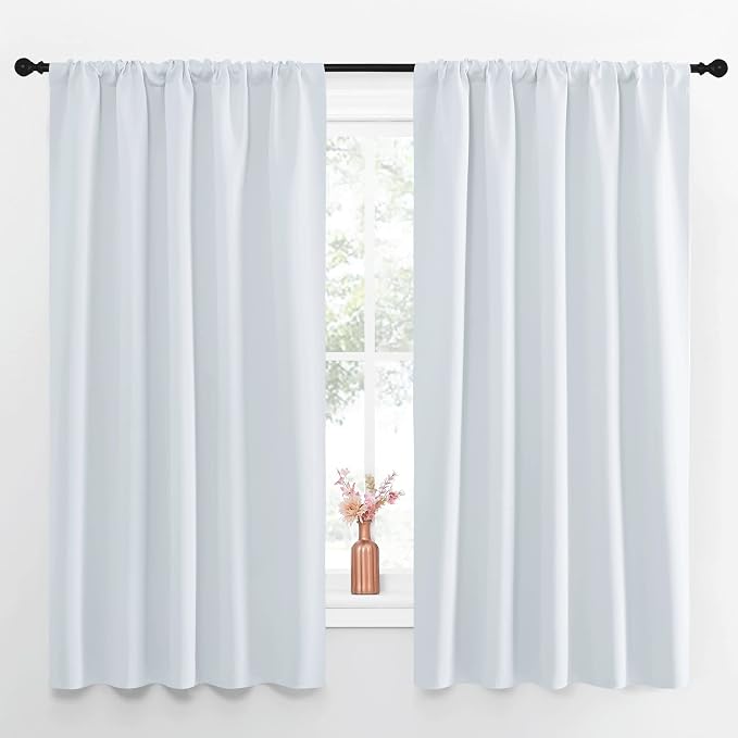 NICETOWN Greyish White Bedroom Curtain Panels - Multi-Function Noise Reducing Performance Window Treatment Thermal Insulated Room Darkening Drapes for Nursery (2 Panels, 52 by 63)
