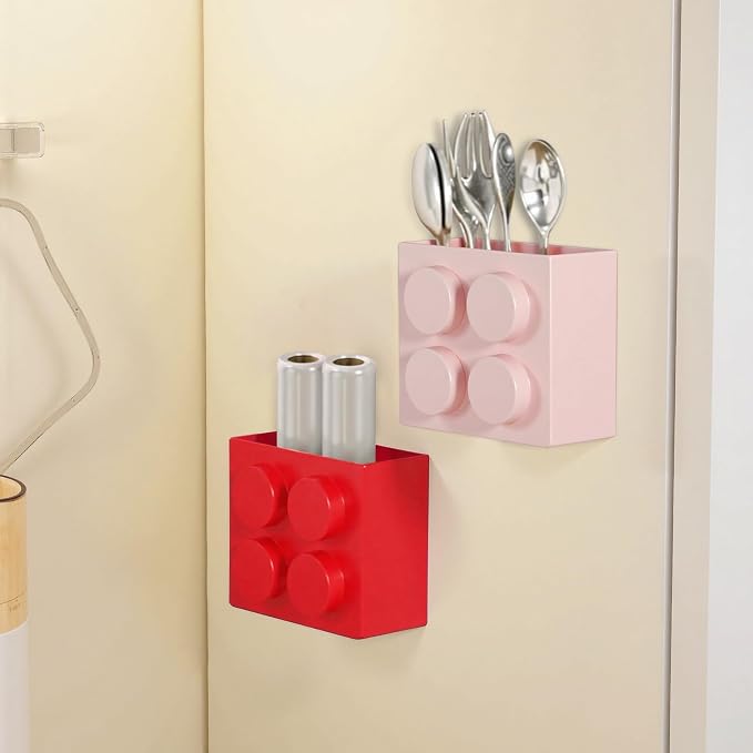 Magnetic Basket Organizer for Fridge - Lego-Style ABS Plastic Storage Box,No Drill Design for Kitchen Counter, Microwave & Whiteboard, Holds Up to 3.5 lbs(Pink)