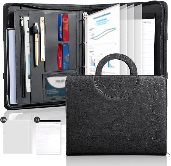 Zippered Padfolio Portfolio Binder, 40 Sleeves & Tablet Holder Case | Features 40 transparent sleeves, tablet pocket & writing pad. Textured leather for office & travel. Secure zipper closure.