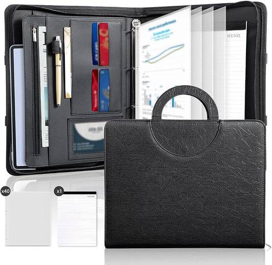 Zippered Padfolio Portfolio Binder, 40 Sleeves & Tablet Holder Case | Features 40 transparent sleeves, tablet pocket & writing pad. Textured leather for office & travel. Secure zipper closure.