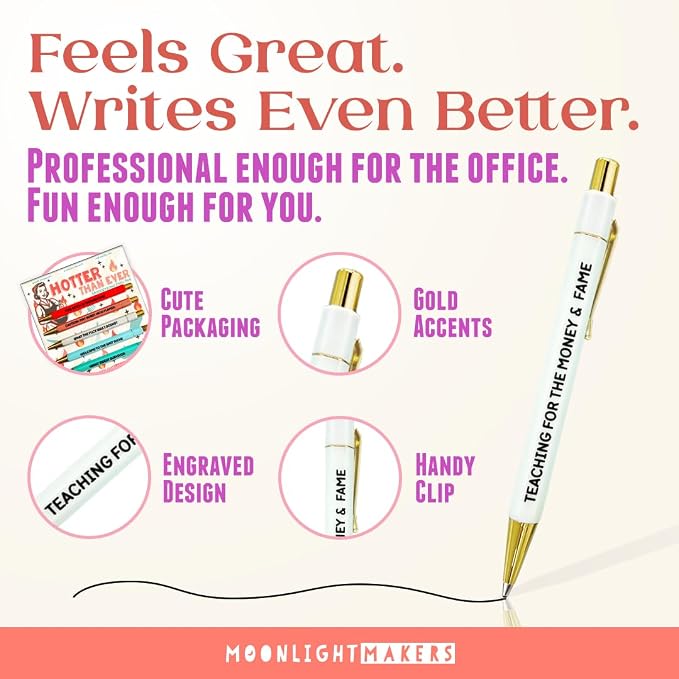 Moonlight Makers - Set of 5 Ballpoint Pens Black Ink- Engraved Funny Pens for Adults - Hotter Than Ever Appreciation Adult Gifts - Ideal Desk Decor for Work & Office Desk - Cute Packaging, Handy Clips