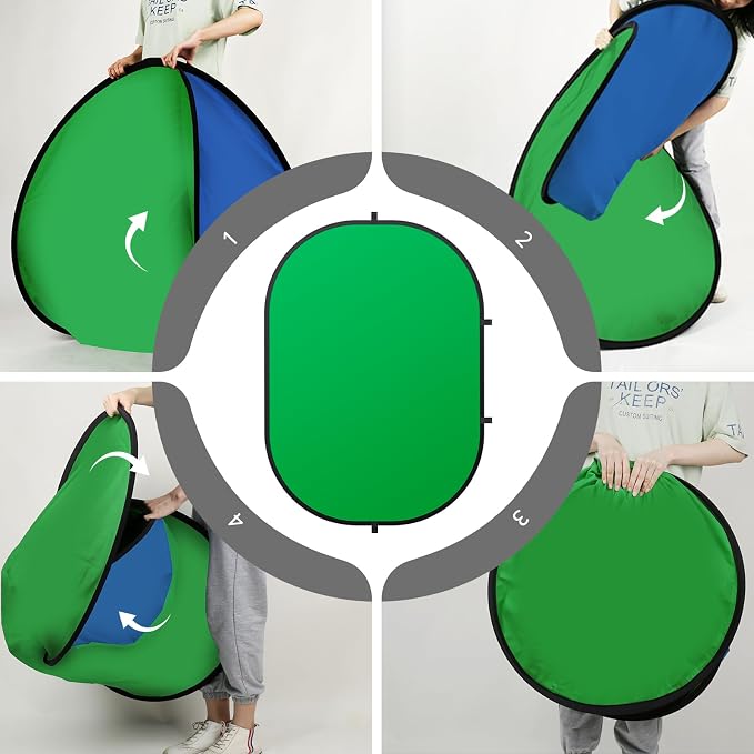 3x5ft/100x150cm Green Screen Backdrop for Photography, Double Sided Green Screen and Blue Screen, 2 in 1 Collapsible and Reversible Background for Photography, YouTube Videos,and Live Streaming