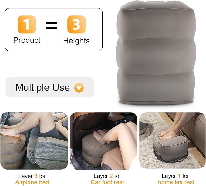 Inflatable Travel Foot Rest Pillow, Kids Airplane Bed, Adjustable Height Leg Pillow for Air Travel, Make a Flat Bed for Toddlers, Great for Airplane,Train,Small Size(Grey, 1 Pack