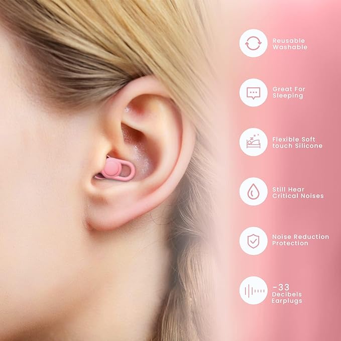 Reusable Ear Plugs for Sleeping Noise Cancelling, Perfect -30dB Hearing Protection EarPlugs in Flexible Silicone,Snoring Ear Plugs for Sleeping, Focus,Concert Ear Protection (Pink, Medium)