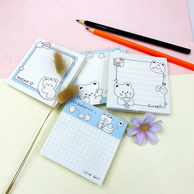 Cute Sticky Notes, 4Pack(320 Sheets) Kawaii Sticky Notes 3.1x3.1in Self-Stick Note Pads Colorful Super Note Pads Unique Cute Bear Patterns Sticky-Note