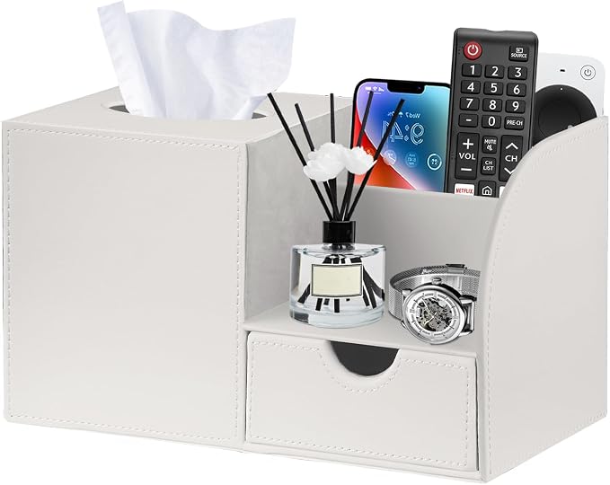 Square Tissue Box Cover with Storage Drawer,Facial Tissues Cube Box Holder | PU Leather Modern Remote Control Holder,Nightstand Organizer Caddy for Bathroom Vanity, Makeup,Office and Home Desktop Decor