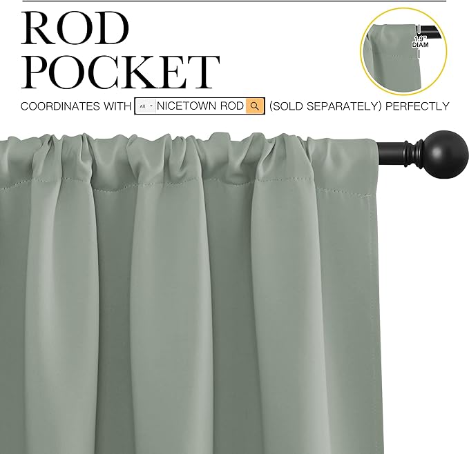 NICETOWN Window Curtains Blackout Drapes - Thermal Insulated Solid Rod Pocket Blackout Curtains/Draperies for Living Room (Greyish Green, One Pair, 42 by 84-Inch)
