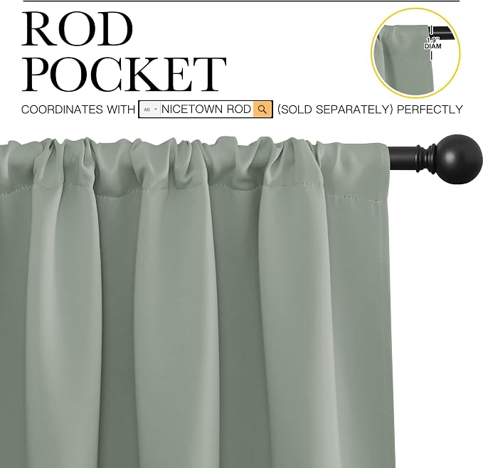 NICETOWN Window Curtains Blackout Drapes - Thermal Insulated Solid Rod Pocket Blackout Curtains/Draperies for Living Room (Sage Green, One Pair, 29 by 50-Inch)