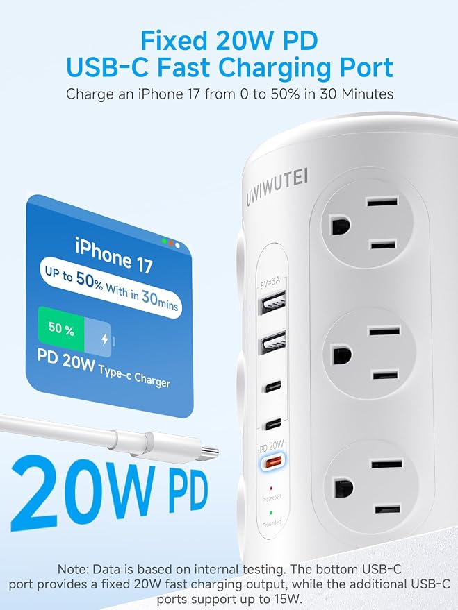 Tower Power Strip with Night Light,PD20W USB C Power Strip Tower with Multiple Outlets,12 Outlets,5 USB Ports (3 USB-C), 10FT Extension Cord Desk Charging Station for Home,Office,Dorm Essentials,White