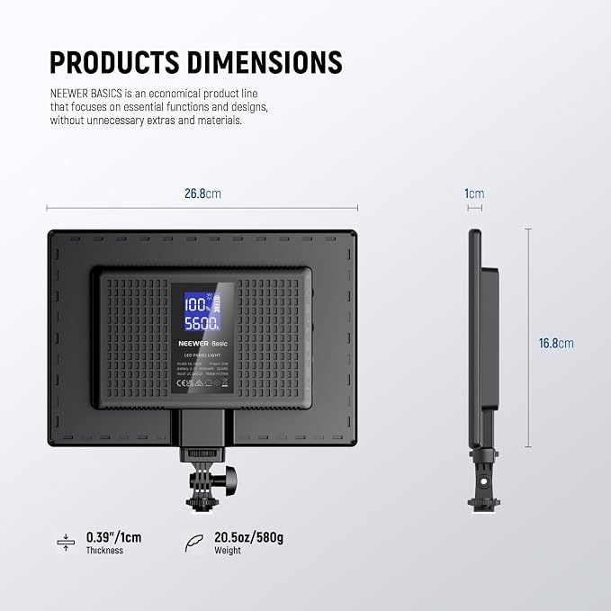 NEEWER Basics 13" LED Video Light Panel, 20W Ultra Thin Bi Color Dimmable DSLR Camera Soft Photo Key Lighting for Streaming Studio Photography Podcast Recording, 8000mAh/3200-5600K/CRI97+, NL-192B