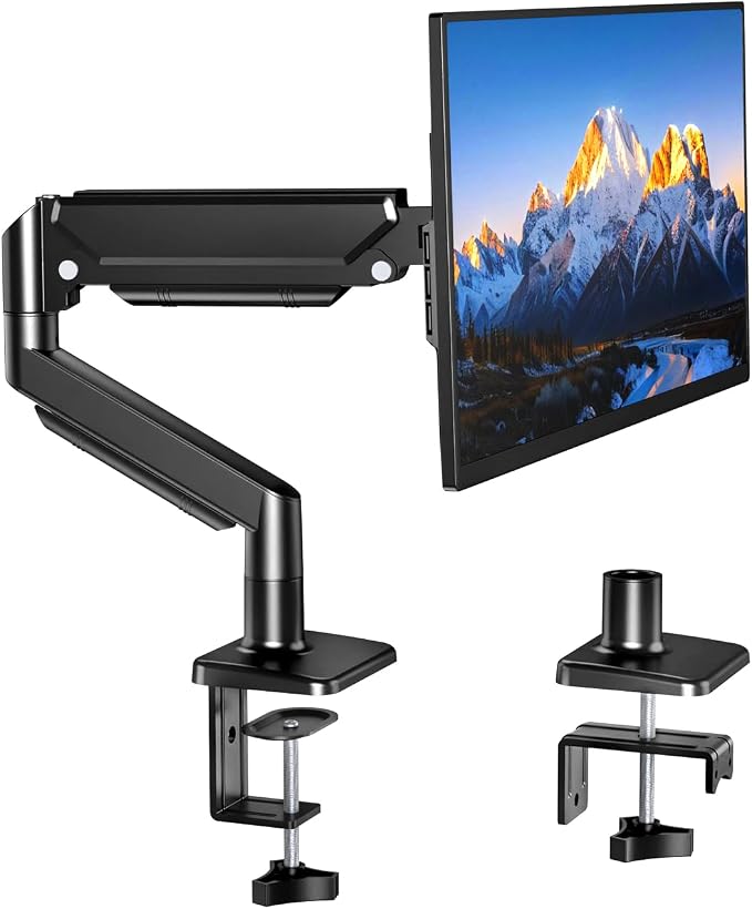 Single Gas Spring Monitor Arm for 13-32 Inch Monitors, Desk Mount | Supports 19.8 lbs | Smooth Gas Spring | Full Motion | C-Clamp & Grommet | Cable Management | VESA 75×75/100×100 mm