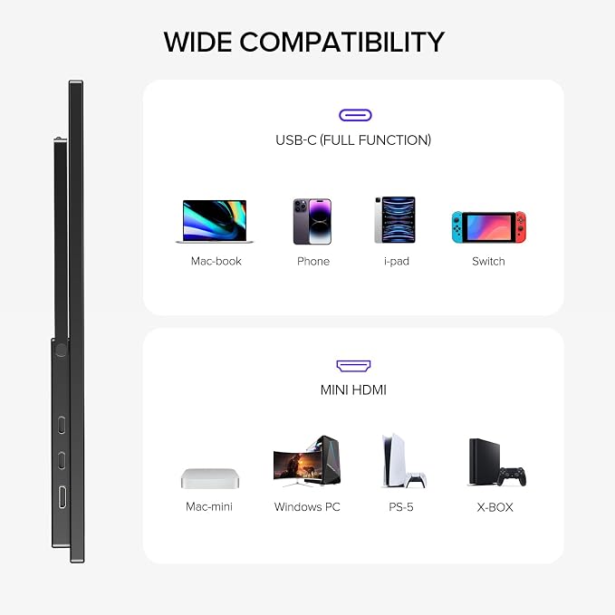 UPERFECT Portable Monitor 18.5" 120HZ 125% sRGB Portable Laptop Monitor w/VESA & Stand, FreeSync HDR Gaming Monitor, 350Nits USB-C & MINI HDMI Travel Second Screen for Laptop, PC, Game Consoles