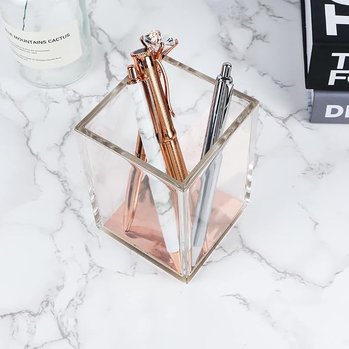 MEI YI TIAN Clear Acrylic Pencil Pen Holder Cup with Rose Gold Bottom, Desk Accessories Makeup Brush Holders Modern Design Desktop Organizer for Countertop Desk Accessory Storage