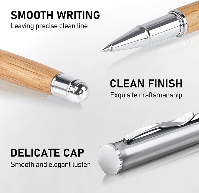 WEMATE Luxury Rollerball Pen Set, Extra 2 Ink Refills(1 Black & 1 Blue), Fancy Writing Pen Nice Office Gift for Men, Professional, Executive, Cool Wooden Pen for Journaling - White Oak