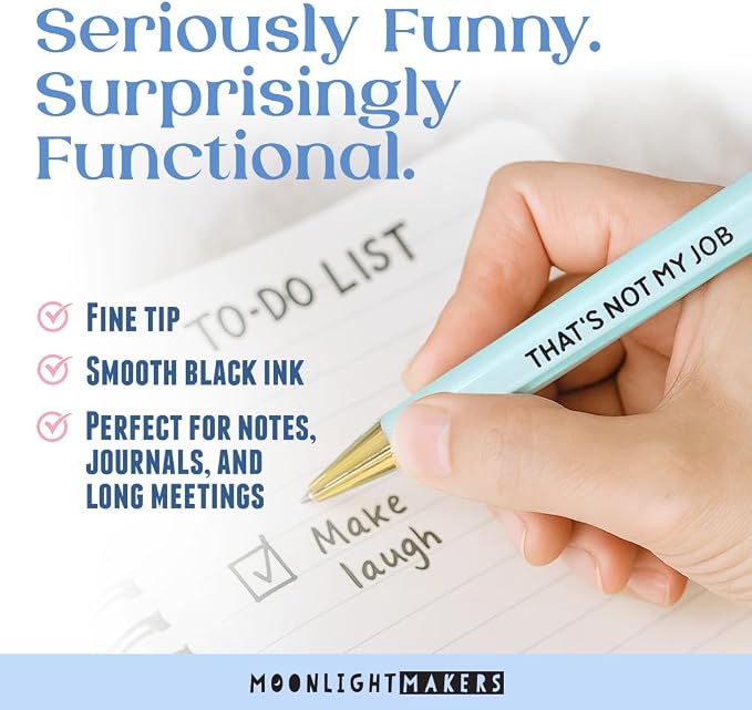 Moonlight Makers Funny Pens — Cute Office Pens for Work, Black Ink Ballpoint with Sayings, Fine Point Journaling Supplies, Snarky Gift Ideas for Coworkers, Friends, Women, Set of 5, Work Sucks