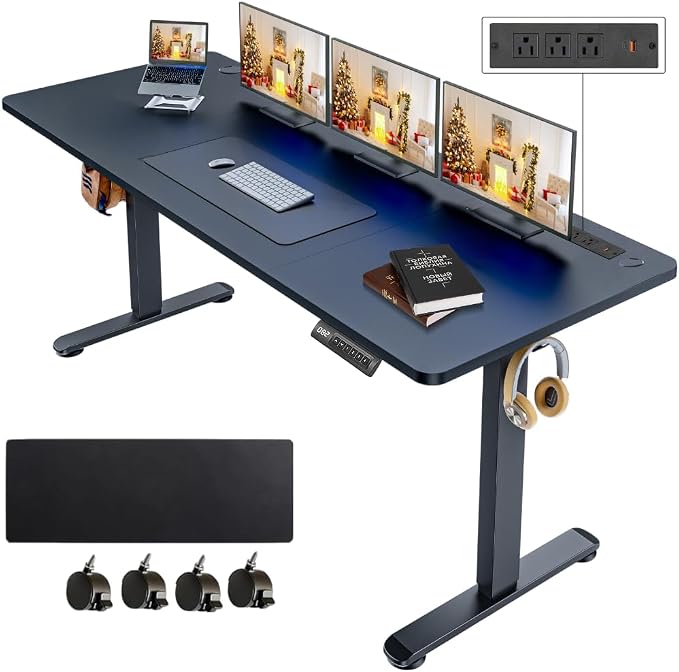 Electric Standing Desk with Power Outlets and USB-C Port, 63 x 24 Inches Adjustable Height Sit Stand Up Desk for Home Office, Adjustable Desk with Memory Preset and Wheels, Black
