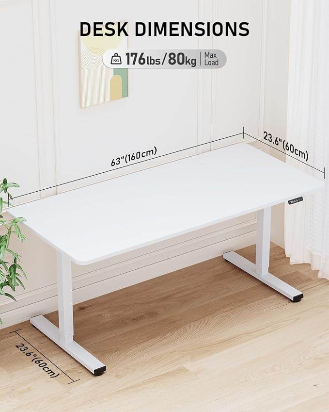 63" Electric Standing Desk Adjustable Height, Sit Stand up Desk for Home Office & Computer Workstation, 2 Memory Height Settings, Splice Board, 2 Hooks, White Frame/White Top