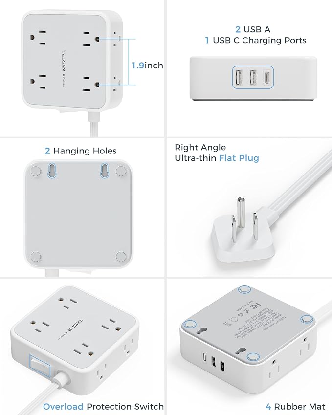 TESSAN Surge Protector Power Strip, 15 Ft Flat Plug Extension Cord with 3 USB (1 USB C) 8 Outlets, 1250W, 900J Protection, 3 Sided Outlet Extender with Power Switch for Office, Dorm Room, Grey