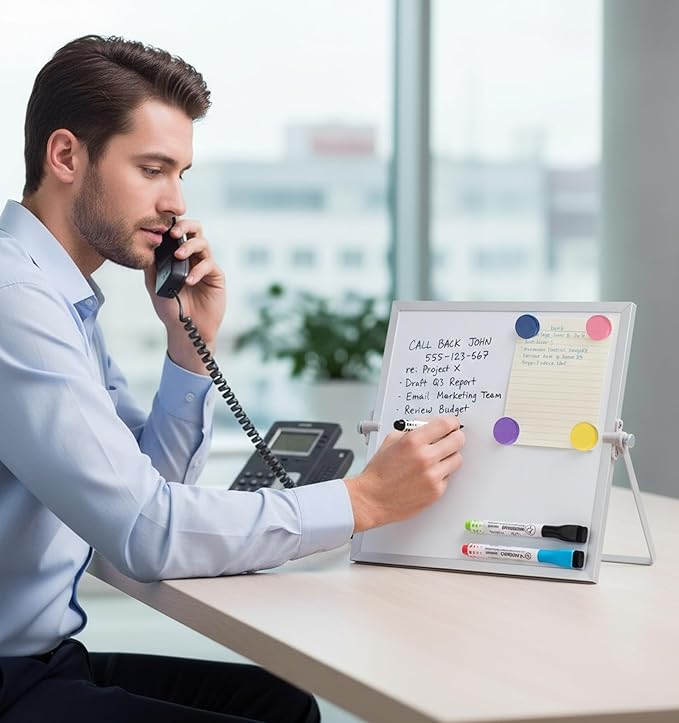 MXG Double Sided Magnetic Dry Erase Board, 10x10 Inch Portable Small White Board with Stand, 360 Rotatable & Adjustable, Includes Markers, Eraser & Magnets, for Office, Home, Desk