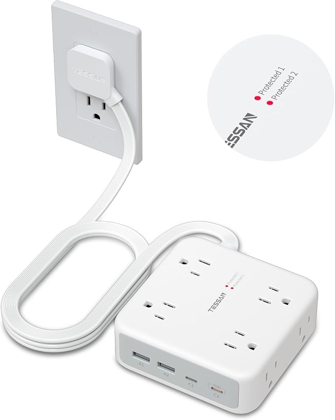 TESSAN Dual Surge Protector Power Strip, 5 Ft Extension Cord Flat Wall Plug with 4 USB (2 USB C) 8 Outlets, 2100J Protection, 1875W 15A, 20W Multiple Charging Station for Home, Office, Dorm, Grey