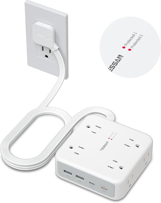TESSAN Surge Protector Power Strip, 5 Ft Extension Cord Flat Wall Plug with 4 USB (2 USB C) 8 Outlets, 2100J Protection, 1875W 15A, 20W Multiple Desk Charging Station for Home, Office, Dorm Room