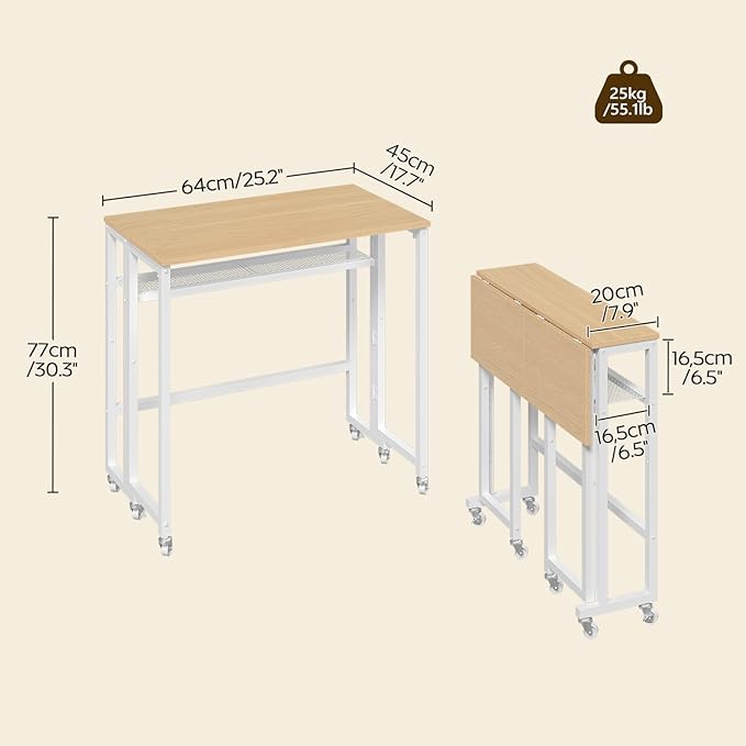 Folding Computer Desk with Storage Shelf, 25.2" Rolling Folding Desk with Wheels, for Small Spaces, Living Room, Bedroom, Office, White and Natural DN08WN