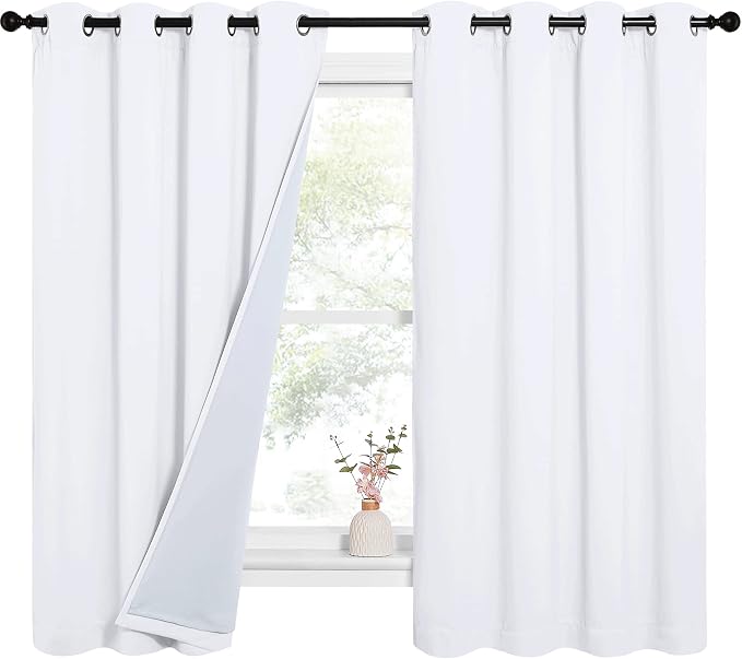 NICETOWN Sound Blocking White 100% Blackout Lined Curtains, 3 Thick Layers Completely Blackout Noise Control Window Treatment Insulated Drapes for Bedroom (2 Panels, 52 Width x 63 Length Each Panel)