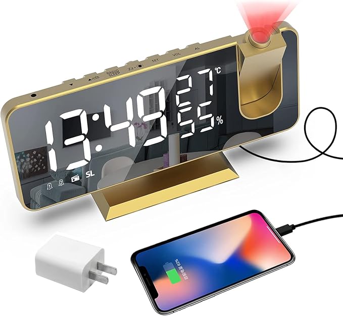 Projection Digital Alarm Clock for Bedrooms, Alarm Clock Radio on Ceiling | USB Charger Port, Temperature & Humidity Display, 7.3” Large Mirror LED Display,12/24H,Snooze,Dual Loud Clock- 4 Dimmer