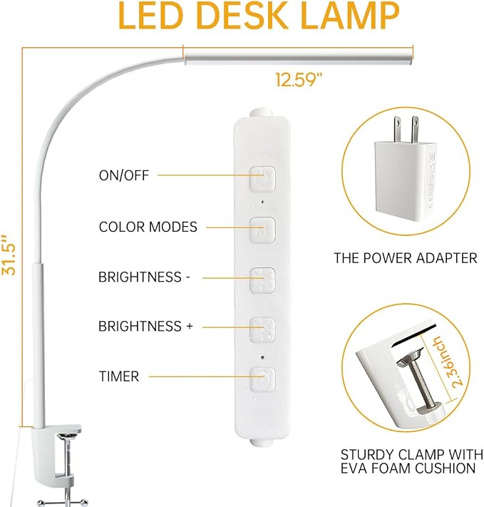 LED Desk Lamp with Clamp, 5 Color Modes & 10 Brightness Levels, Eye-Caring Desk Light, Flexible Gooseneck, Memory Function, Adapter Included for Home Office, Reading & Study