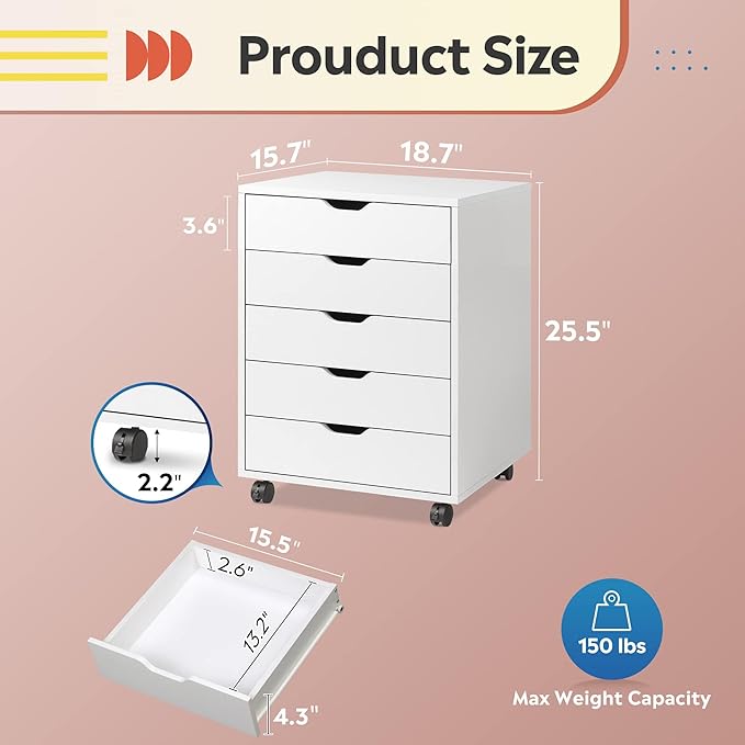 DEVAISE 5-Drawer Filing Cabinet Under Desk, Storage file Cabinet, White | Wood Drawer Unit, Craft Storage Cabinet, Office Rolling Cart, Printer Stand