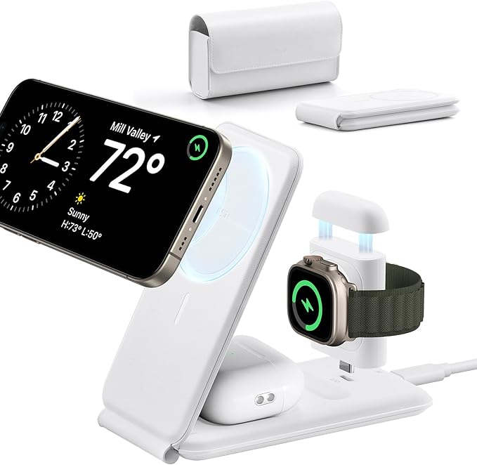 ESR for 3 in 1 Magsafe Charger, Travel Charger Stand Made for Apple Watch Certified, Foldable Charging Station Compatible with Magsafe and iPhone 17/16/15/14/13/12, AirPods 4/3/Pro, White