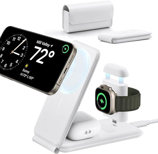 ESR for 3 in 1 Magsafe Charger, Travel Charger Stand Made for Apple Watch Certified, Foldable Charging Station Compatible with Magsafe and iPhone 17/16/15/14/13/12, AirPods 4/3/Pro, White