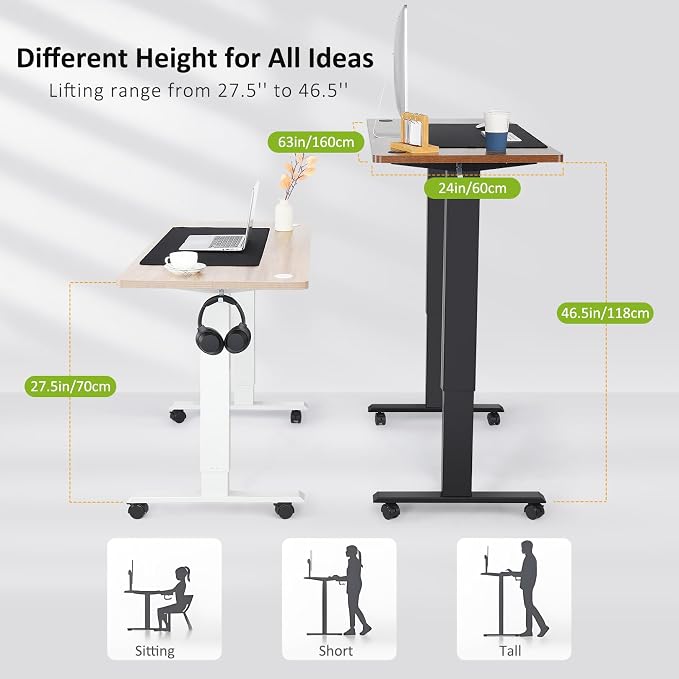 farexon Electric Standing Desk Adjustable Height, 63x24 Inches Stand up Desk with Rolling Wheels, Mouse Pad,Home Office Writing Gaming Computer Workstation Table(White)