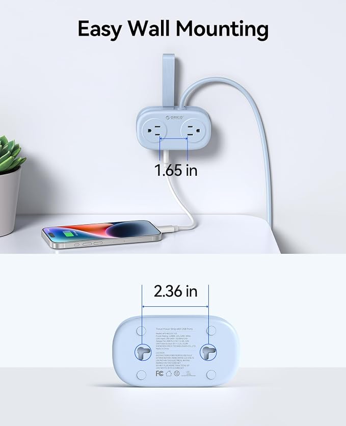 Cruise Approved Travel Power Strip with USB C, ORICO 4 Outlets 3 USB Ports (1 USB C) with 4FT Wrapped Short Extension Cord Small Power Strip, Non Surge Protector for Travel, Cruise Ship ETL Listed-AP3