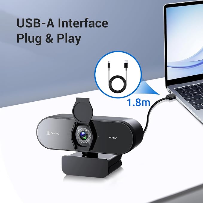 N newline 4K Webcam for PC with PDAF Autofocus, Privacy Cover, Dual Microphones, 4K@30FPS & 1080P@60FPS, Auto Light Correction, Plug & Play USB Camera for Laptop, Mac & Desktop, Streaming
