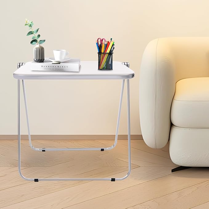 Acrylic Folding TV Tray Table, Small Portable Square Laptop Desk, End Side Table Modern Square Table for Home Office, No Assembly Space-Saving Side Table with Metal Frame (White)