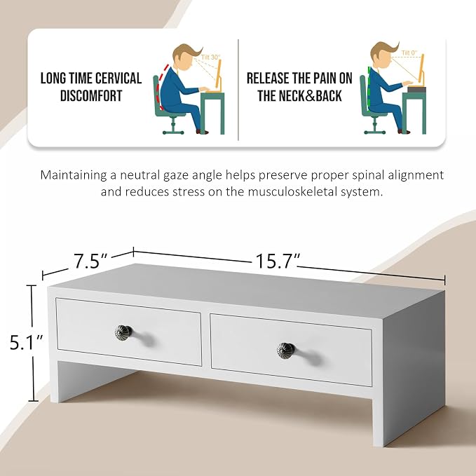 WELLAND Monitor Stand Riser with Drawers, Computer Monitor Stand, Desktop Organizer Stand for Laptop, PC, Office Supplies, White