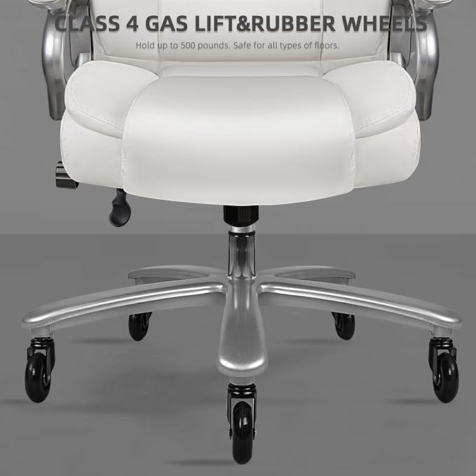 VITESSE 500lbs Heavy Duty Office Chair for Low Back Pain Relief, Big and Tall Office Chair with Ergonomic Lumbar Support, High Back Executive Chair with Quiet Rubber Wheel（White）