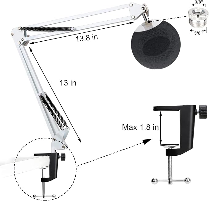 YOUSHARES Mic Stand with Pop Filter - Microphone Boom Arm Stand with Foam Cover Windscreen Compatible with white Blue Snowball iCE Mic by YOUSHARES