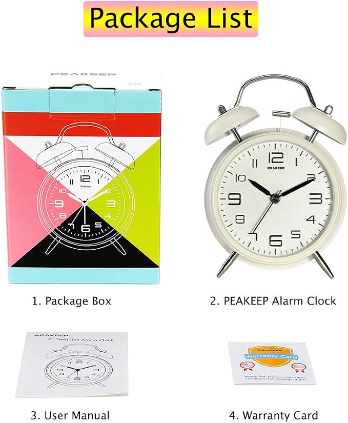Peakeep 4 Inches Twin Bell Loud Alarm Clock for Heavy Sleepers | Backlight, Battery Operated, Old Fashioned, Alarm Clock for Bedrooms Kids' Room (3D-Dial, White)